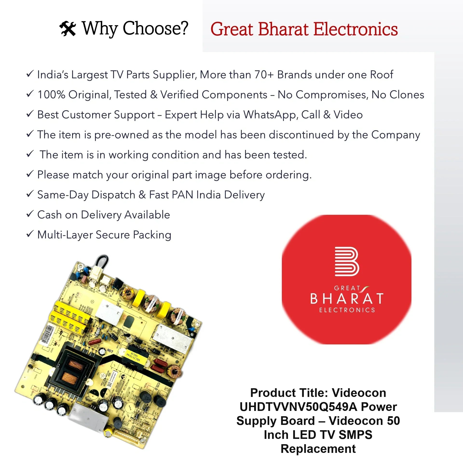 Videocon UHDTVVNV50Q549A Power Supply Board – Videocon 50 Inch LED TV SMPS Replacement - Great Bharat Electronics