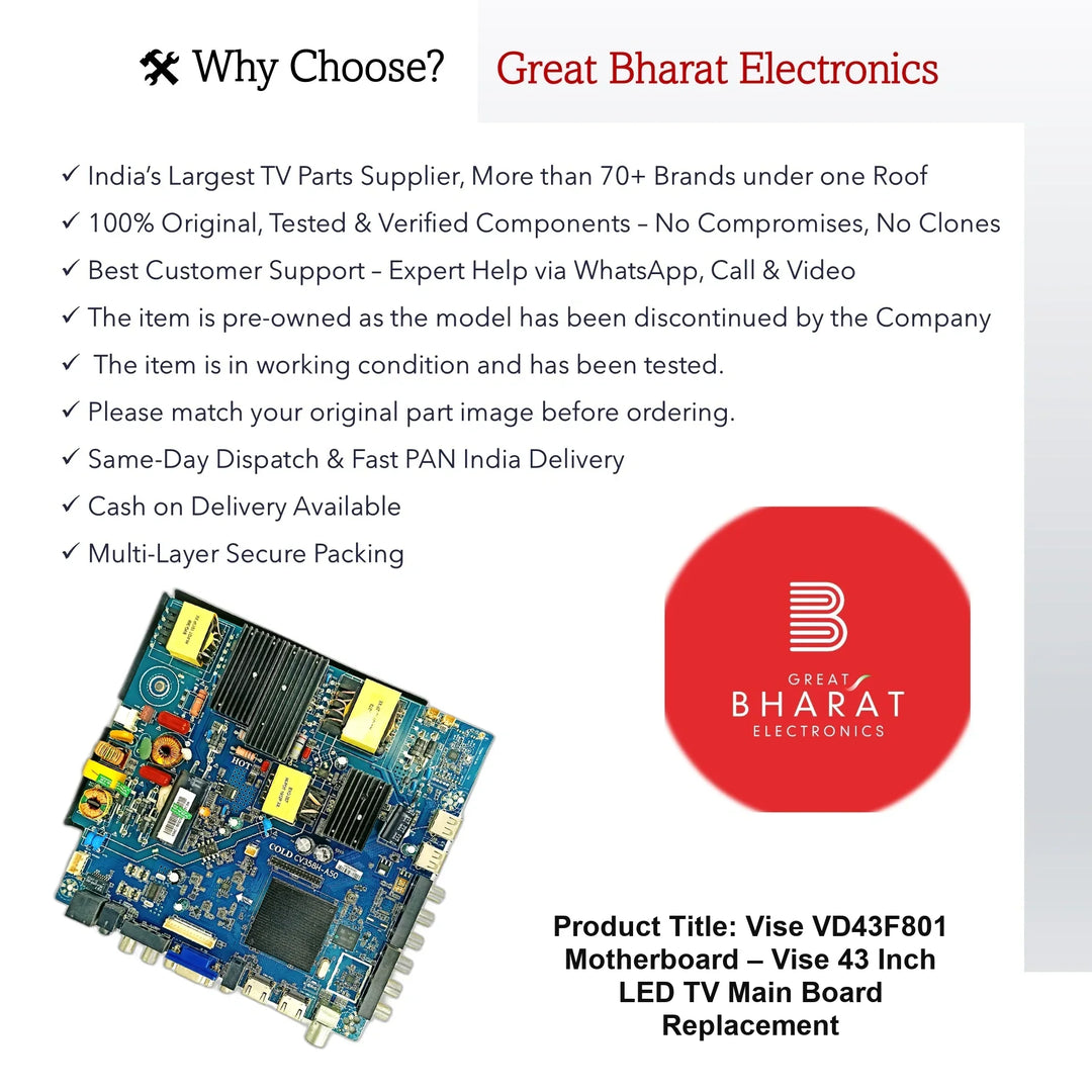 Vise VD43F801 Motherboard – Vise 43 Inch LED TV Main Board Replacement - Great Bharat Electronics