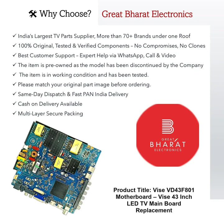 Vise VD43F801 Motherboard – Vise 43 Inch LED TV Main Board Replacement - Great Bharat Electronics