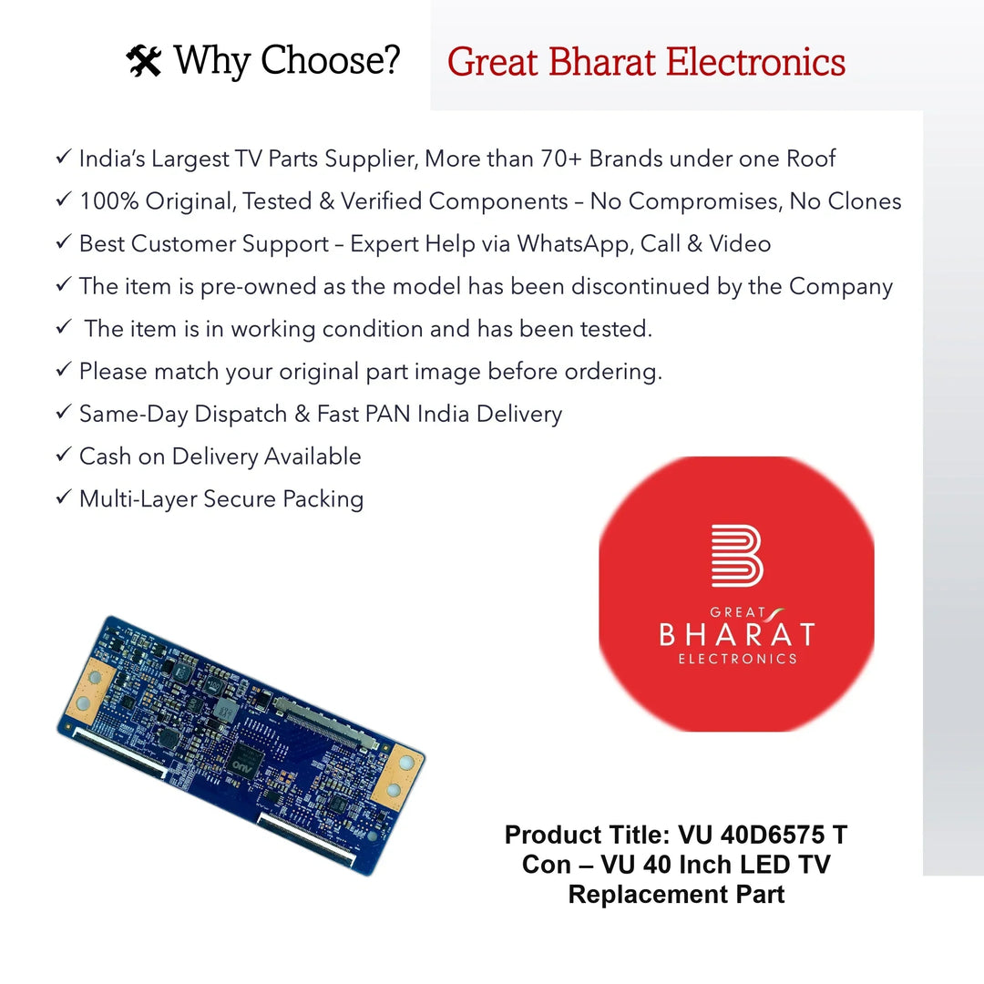VU 40D6575 T-Con Board – VU 40 Inch LED TV Replacement Part - Great Bharat Electronics
