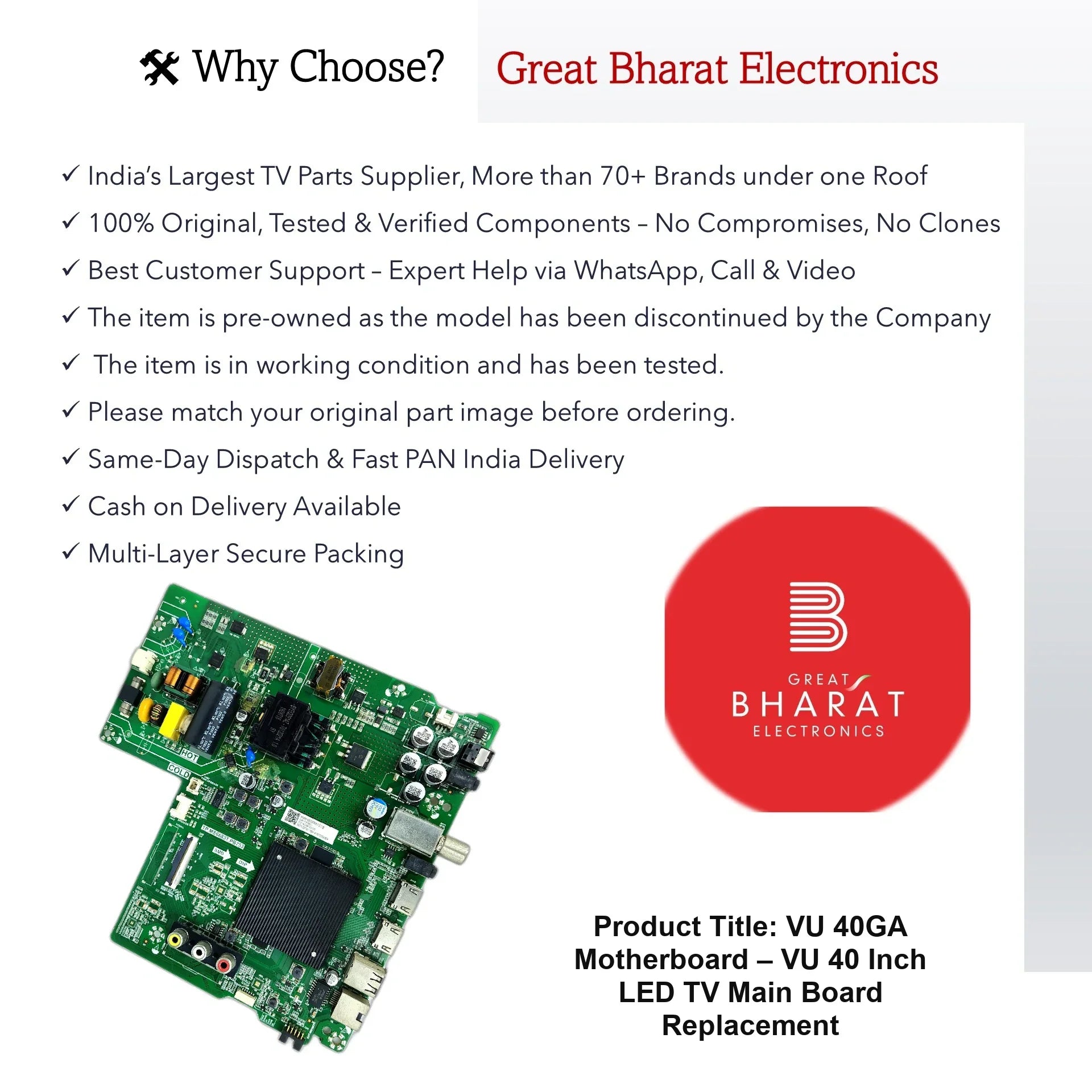 VU 40GA Motherboard – VU 40 Inch LED TV Main Board Replacement - Great Bharat Electronics