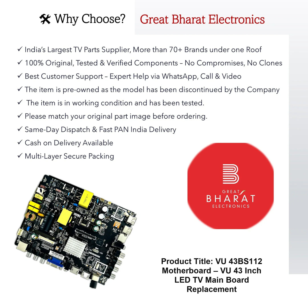 VU 43BS112 Motherboard – VU 43 Inch LED TV Main Board Replacement - Great Bharat Electronics