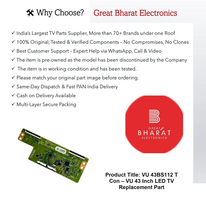 VU 43BS112 T-Con Board – VU 43 Inch LED TV Replacement Part - Great Bharat Electronics