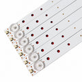 VU 43S6575 backlight strip connectors, polarity markings and LED lens close-up