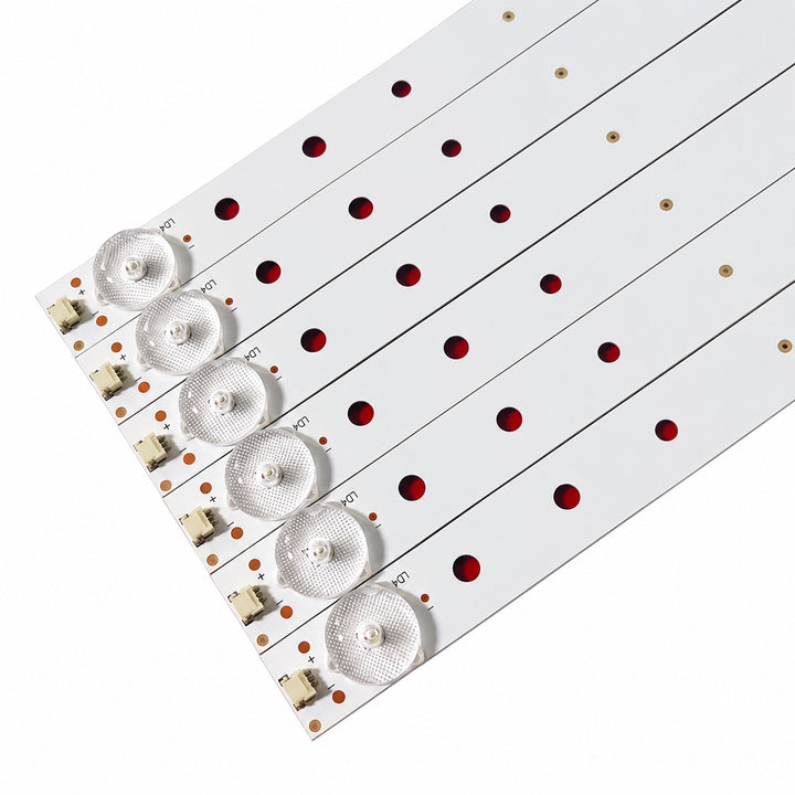 VU 43S6575 backlight strip connectors, polarity markings and LED lens close-up