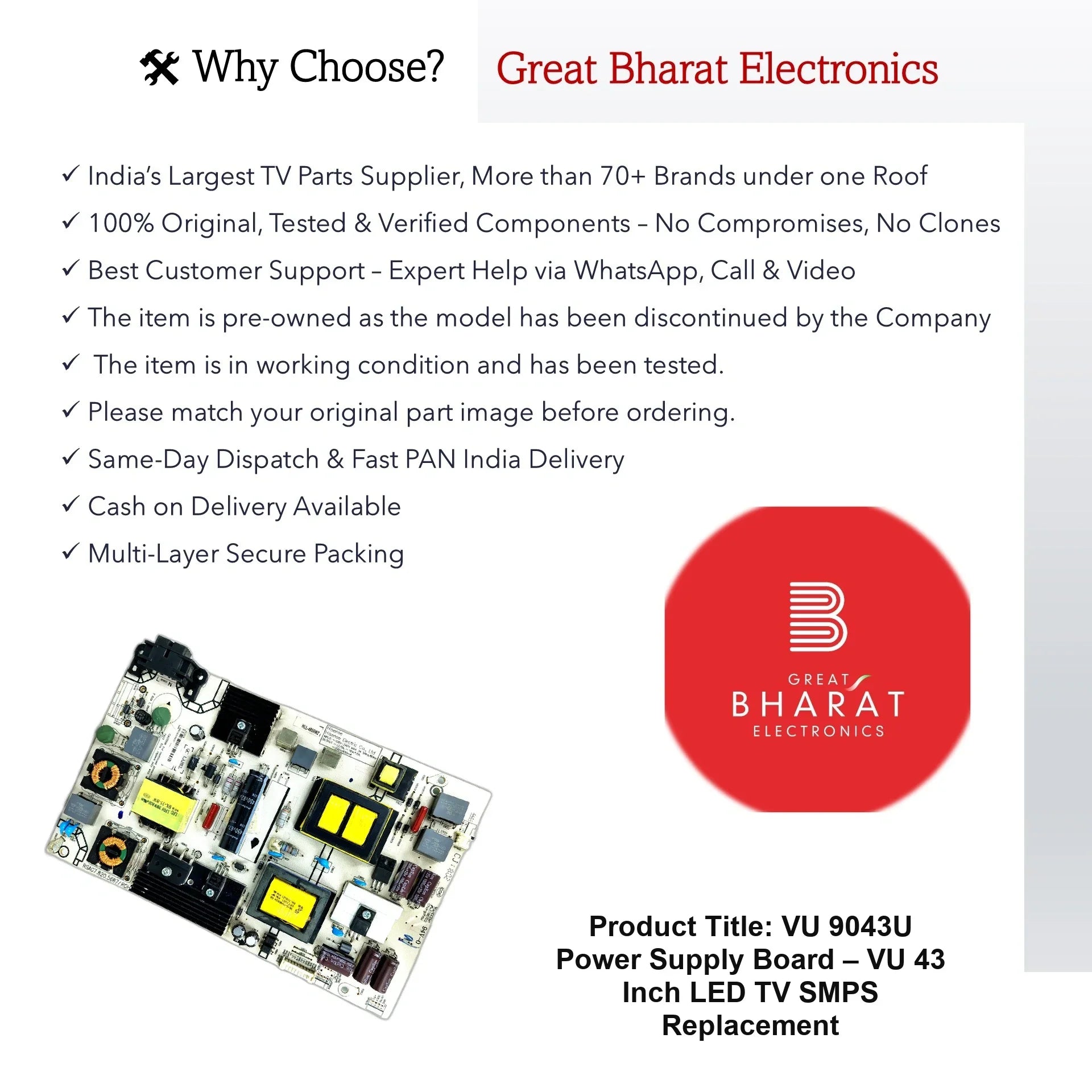 VU 9043U Power Supply Board – VU 43 Inch LED TV SMPS Replacement - Great Bharat Electronics