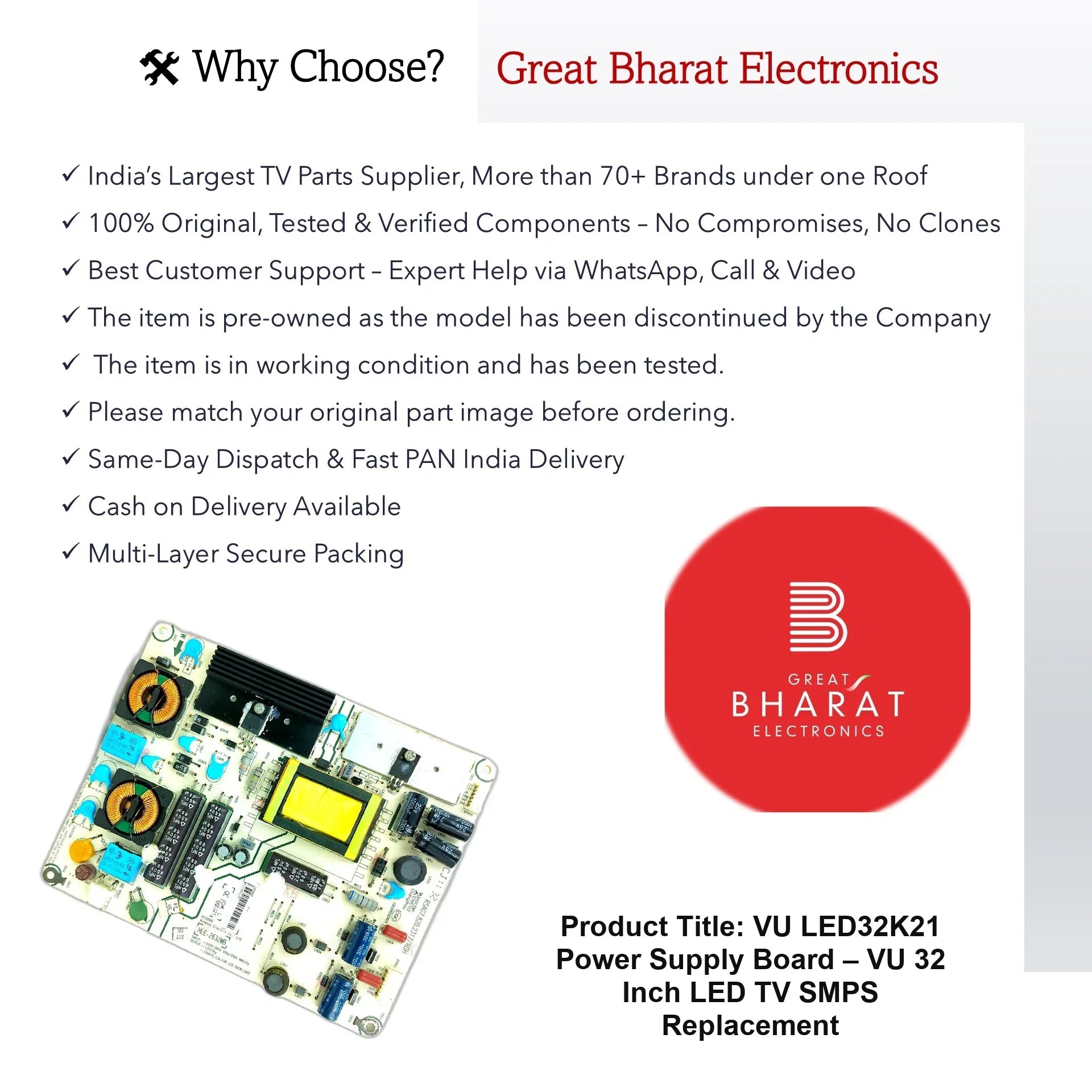 VU LED32K21 Power Supply Board – VU 32 Inch LED TV SMPS Replacement - Great Bharat Electronics