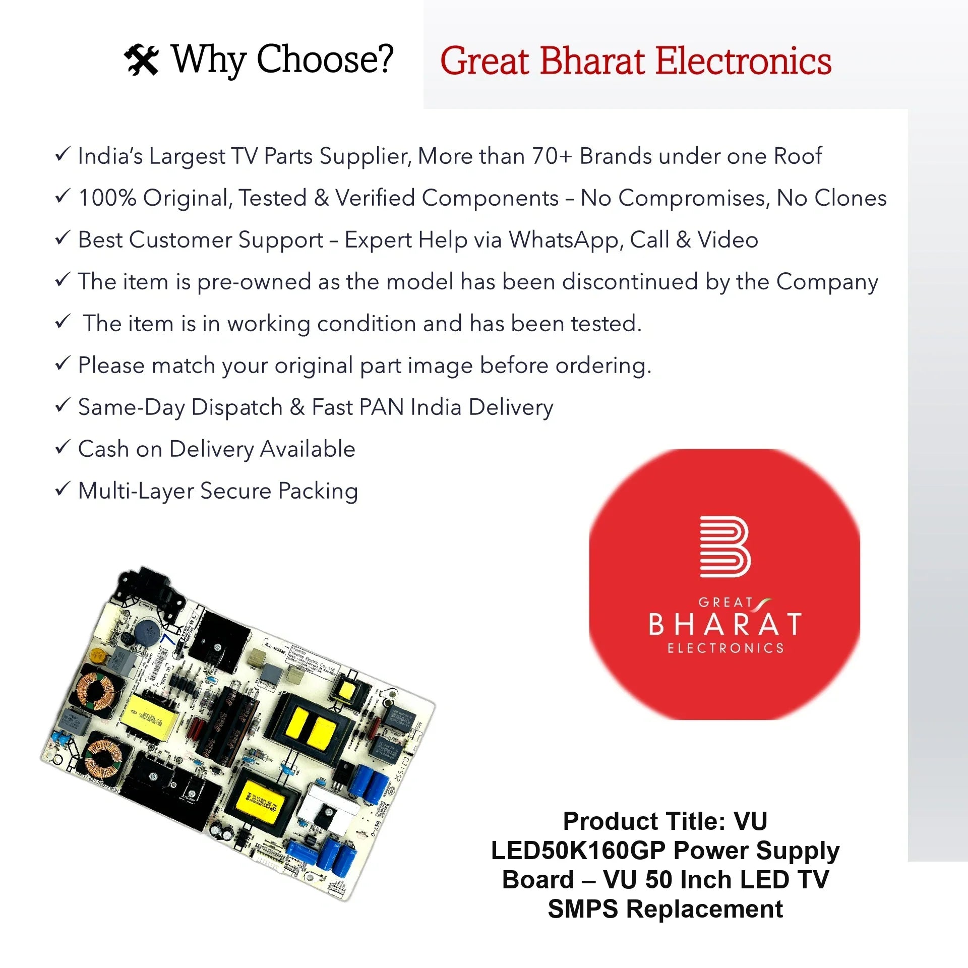 VU LED50K160GP Power Supply Board – VU 50 Inch LED TV SMPS Replacement - Great Bharat Electronics