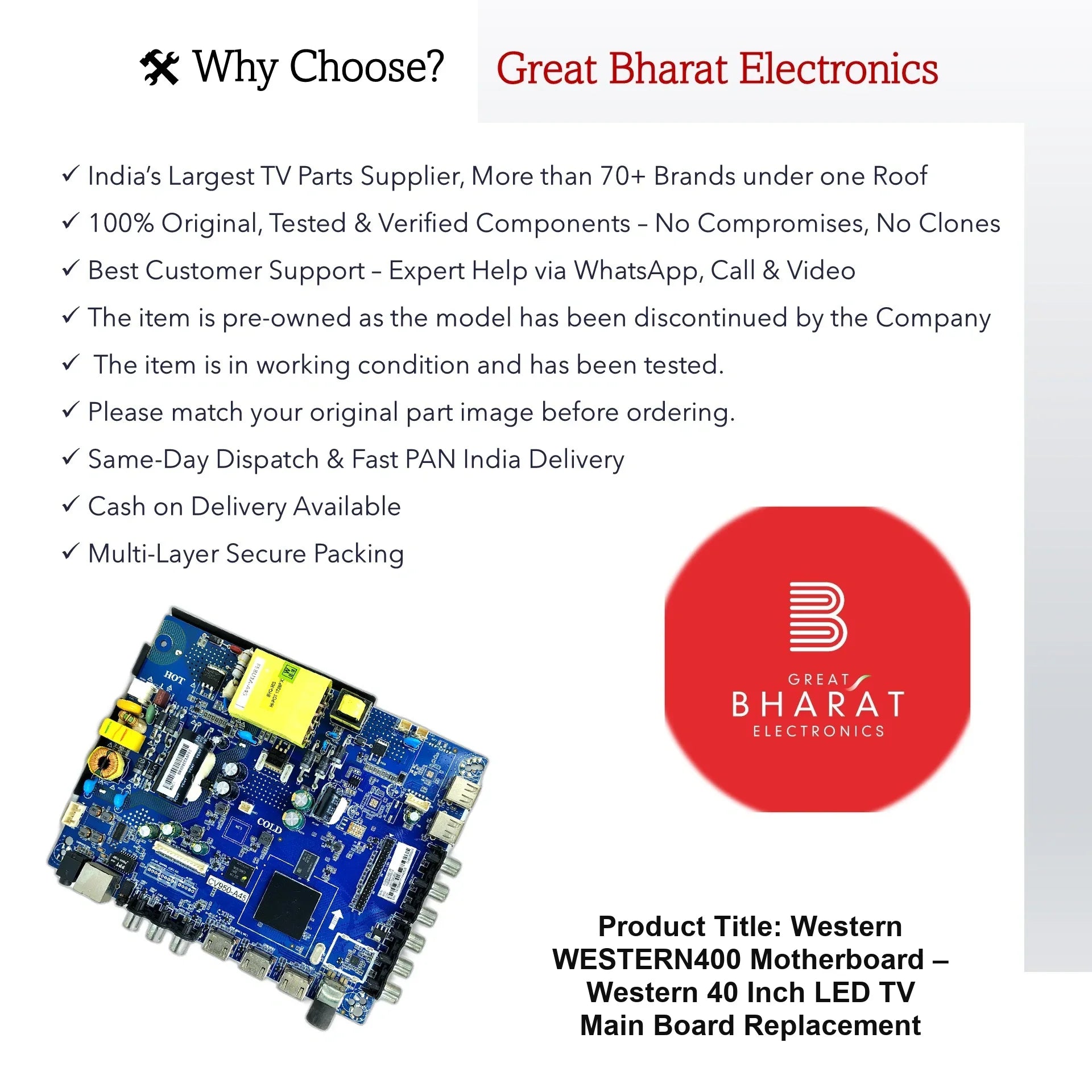 Western WESTERN400 Motherboard – Western 40 Inch LED TV Main Board Replacement - Great Bharat Electronics
