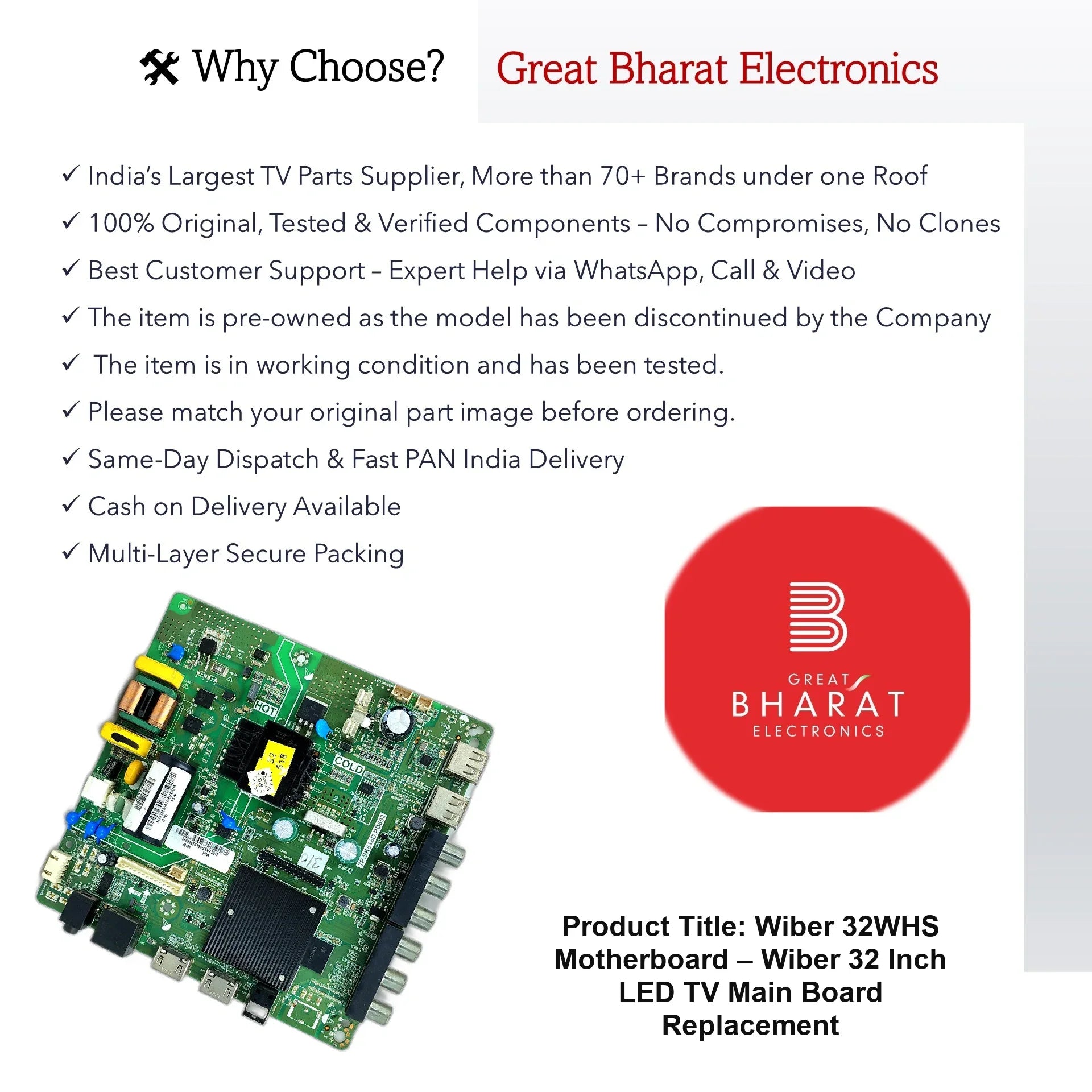 Wiber 32WHS Motherboard – Wiber 32 Inch LED TV Main Board Replacement - Great Bharat Electronics
