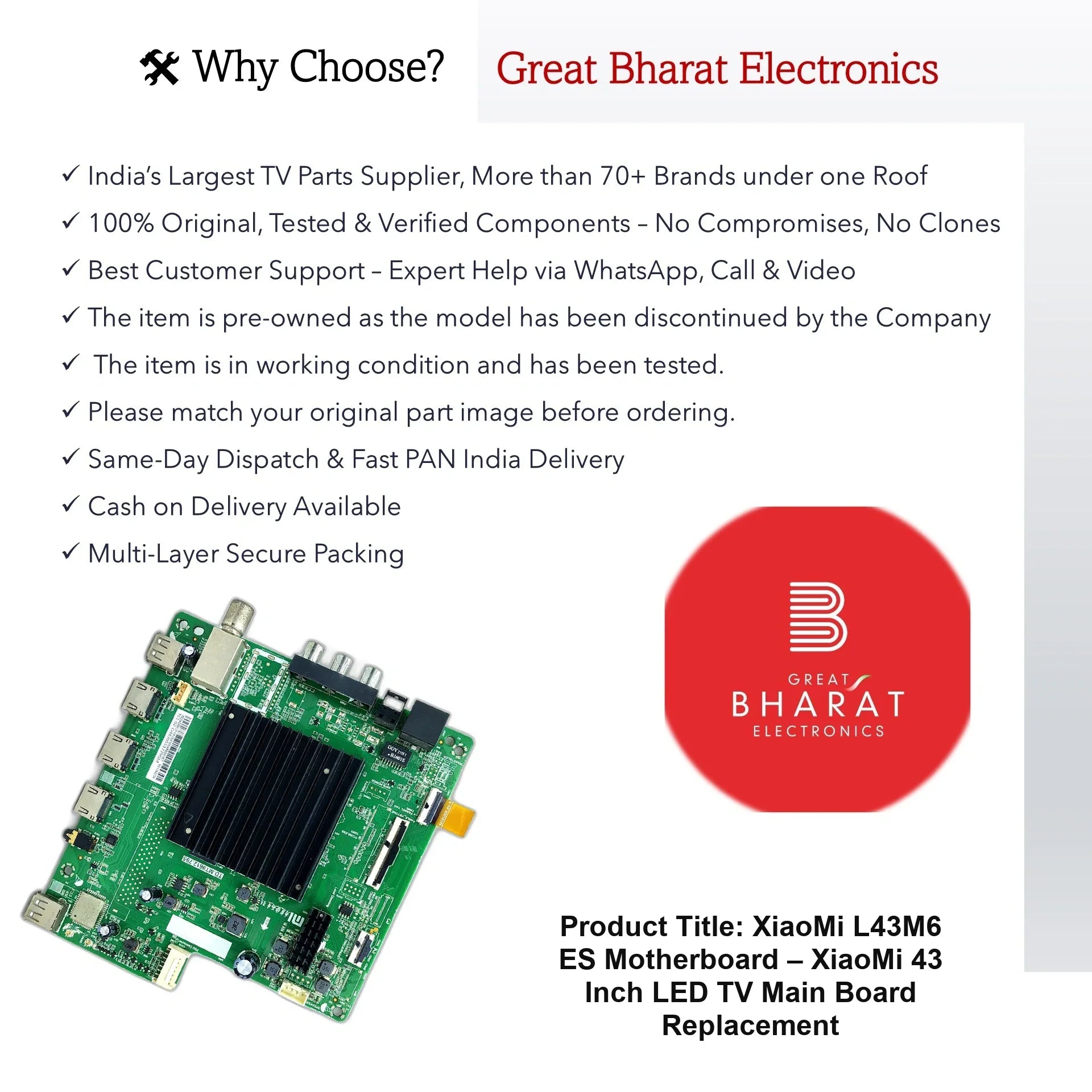 XiaoMi L43M6-ES Motherboard – XiaoMi 43 Inch LED TV Main Board Replacement - Great Bharat Electronics
